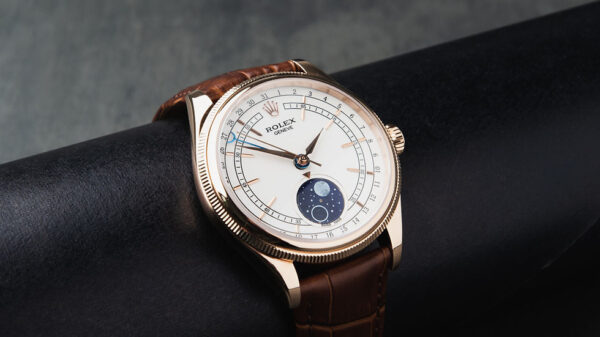 Rolex Cellini Moonphase Rosé 39mm Mostrador Branco Luneta Canelada Puls. Couro - Image 7