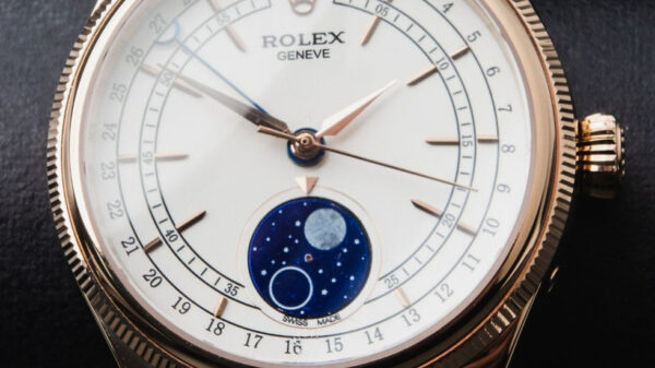 Rolex Cellini Moonphase Rosé 39mm Mostrador Branco Luneta Canelada Puls. Couro - Image 9