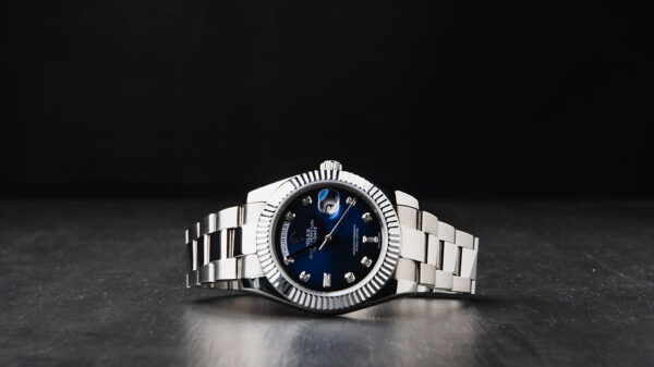 Rolex Day-Date 40mm Aço Mostrador Azul Luneta Canelada Pulseira Oyster - Image 9